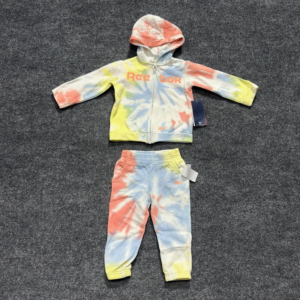 Reebok 2 Piece Hoodie Pants Set Toddler 2T Neon Melon Swiral Tie Dye Outfit
